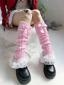 1 Pair Women's White Bow Lace Trim Flat Leg Warmers - Pink - 查看 2