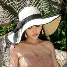 1 pièce Chapeau de paille à large bord avec bordure noire, décoré d'un nœud noir, convient pour la plage, les vacances, la protection solaire extérieure, les jours fériés, les voyages - Chapeau paille grosse vague gaze - Voir 11