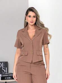 New Tailored Blouse And Wide-Leg Trousers Set With Working Buttons C6606 - Marrón Mocha - View 5
