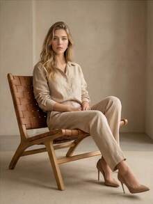 Linen Set With Three-Quarter Sleeves And High-Waisted Pants With Elastic Waistband | Lightweight Fabric - 卡其色 - 查看 3
