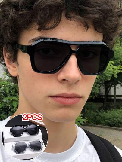 2 PCS Men's Retro Aviator Fashion Glasses Solid Color Polycarbonate Frame Soft Tinted Lenses Lightweight Suitable For Daily Commute With Glasses Box