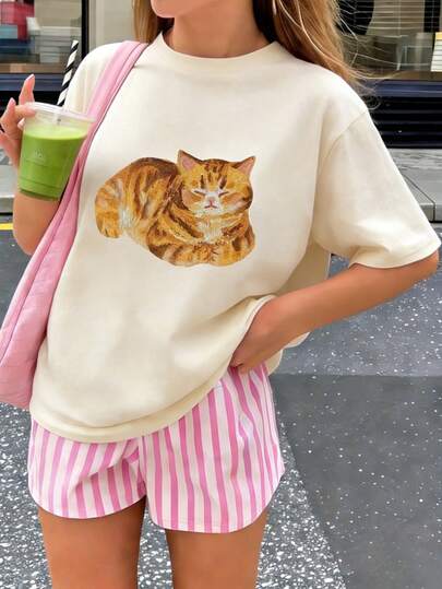 1件少女卡通猫咪印花短袖T恤，学生青少年服装，夏季上衣，儿童礼物