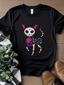 Women's T-Shirt Print Sugar Skull T Shirt Mexican Cat Day Of Dead Dia De Los Muertos Long Or Short Sleeves - 黑色 - 查看 1