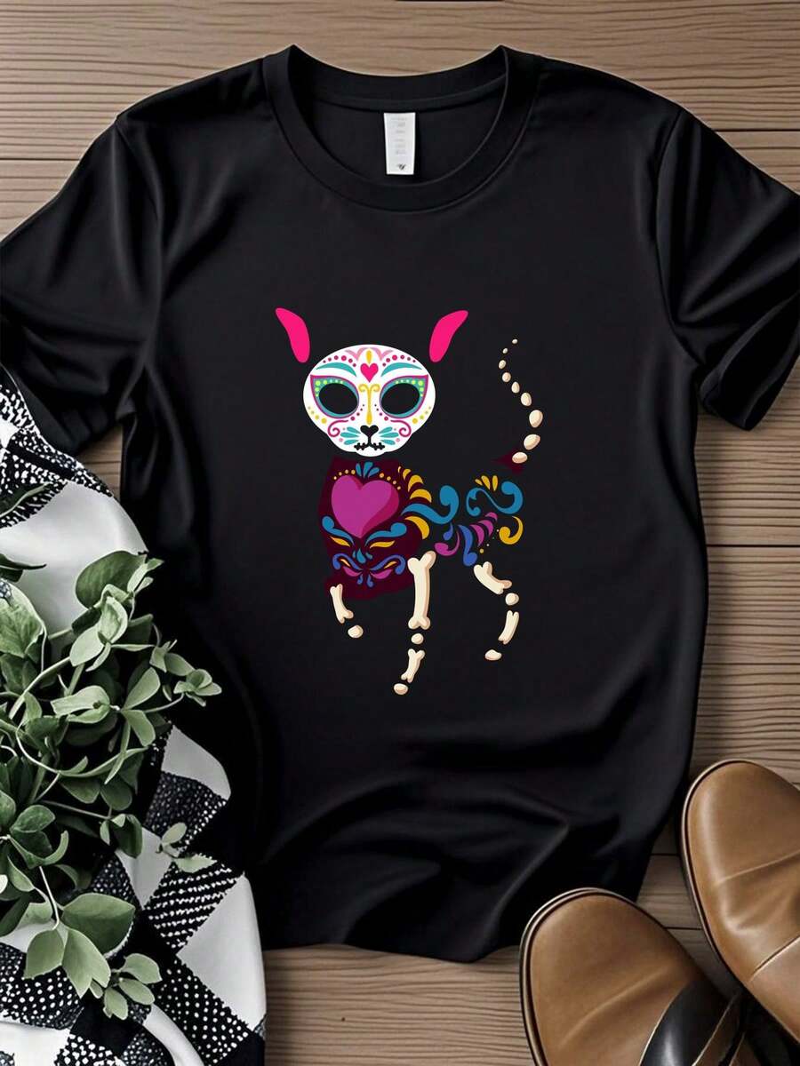 Women's T-Shirt Print Sugar Skull T Shirt Mexican Cat Day Of Dead Dia De Los Muertos Long Or Short Sleeves - 黑色 - 查看 1