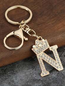 1pc Fashion Zinc Alloy Rhinestone Letter Keychain, Elegant Charm For Bag/Backpack - Perfect Gift Car Accessories Bag Charm School Cute Goth Y2k - Gold - View 7