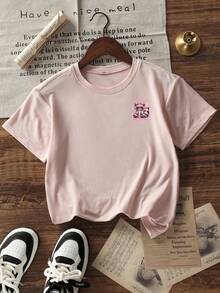 女童及青少年休闲印花圆领短袖T恤，夏季上衣 - 粉色 - 查看 4