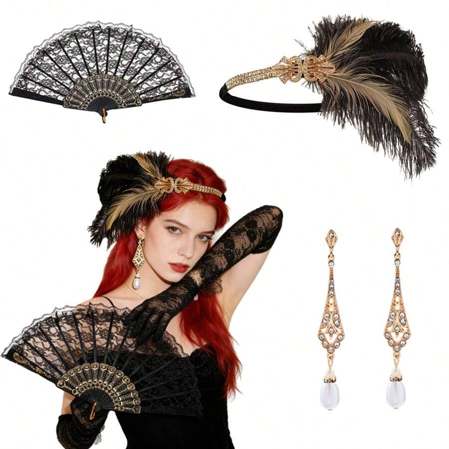 咆哮的二十年代复古女郎套装 | 羽毛头饰蕾丝扇形珍珠耳坠 | 舞会及化装舞会 - 彩色 - 查看 1