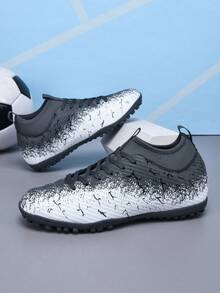 1 Pair Unisex High-Top Football/Soccer Shoes, Outdoor Team Sports Cleats For Adults & Students, Suitable For Artificial Turf, Includes Lace-Up Closure, Leather Material, Lightweight High-Performance Professional Soccer Boots, Factory Direct - Gray - View 3