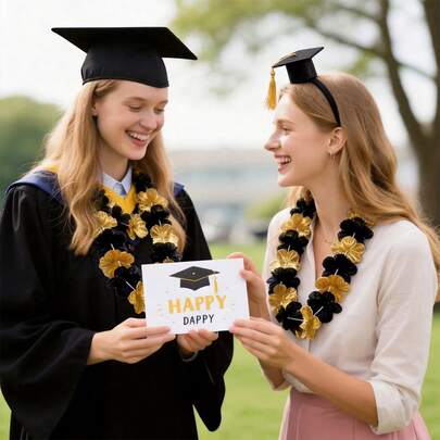 Bộ 6 phụ kiện chụp ảnh tốt nghiệp mới, bao gồm 5 vòng cổ hoa màu đen và vàng cùng 1 băng đô cài tóc hình mũ tốt nghiệp, phù hợp cho các buổi biểu diễn trang phục tốt nghiệp, mang đậm chủ đề trường đại học. Phụ kiện trang phục mùa tốt nghiệp.