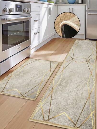 [¡CALIENTE!] 1 pieza Alfombra de cocina de goma suave de lino, alfombra de cocina de 3,5 mm de grosor, estilo minimalista de lujo moderno de color gris claro con línea dorada y patrón de ola de agua, alfombra absorbente de agua grande, bordes cosidos para evitar el desprendimiento, superficie de lino, capa intermedia de esponja, capa inferior de goma, adecuada para alfombras de cocina, decoración de cocina, decoración de bodas, decoración del hogar, alfombra de baño, alfombra de entrada, alfombra de lavandería, alfombra de pasillo, alfombra de sala de estar, etc.