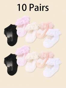 5双女婴蕾丝边透气短袜，夏季理想之选。这些可爱时尚的袜子是夏季女婴的完美选择。舞蹈袜 - 彩色 - 查看 14