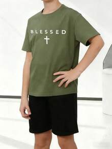 1pc Tween Boy Casual Printed Short Sleeve T-Shirt, Summer Top For Young Students - Olive Green - View 2