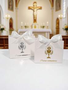 5 piezas Caja de recuerdo de Primera Comunión con diseño de cáliz y cruz, caja de regalo mini con impresión en dorado y plateado, lazo de cinta de satén, elegante soporte para dulces para ceremonia de la iglesia, pequeña caja de regalo, fácil de ensamblar - 11,5X4,5X10cm - Ver 10