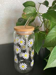 一套优雅雏菊造型冰咖啡/抹茶玻璃吸管杯，16.91盎司大容量，带盖和吸管，冷饮吸管杯，罐形玻璃吸管杯，家用饮水杯 - 彩色 - 查看 2