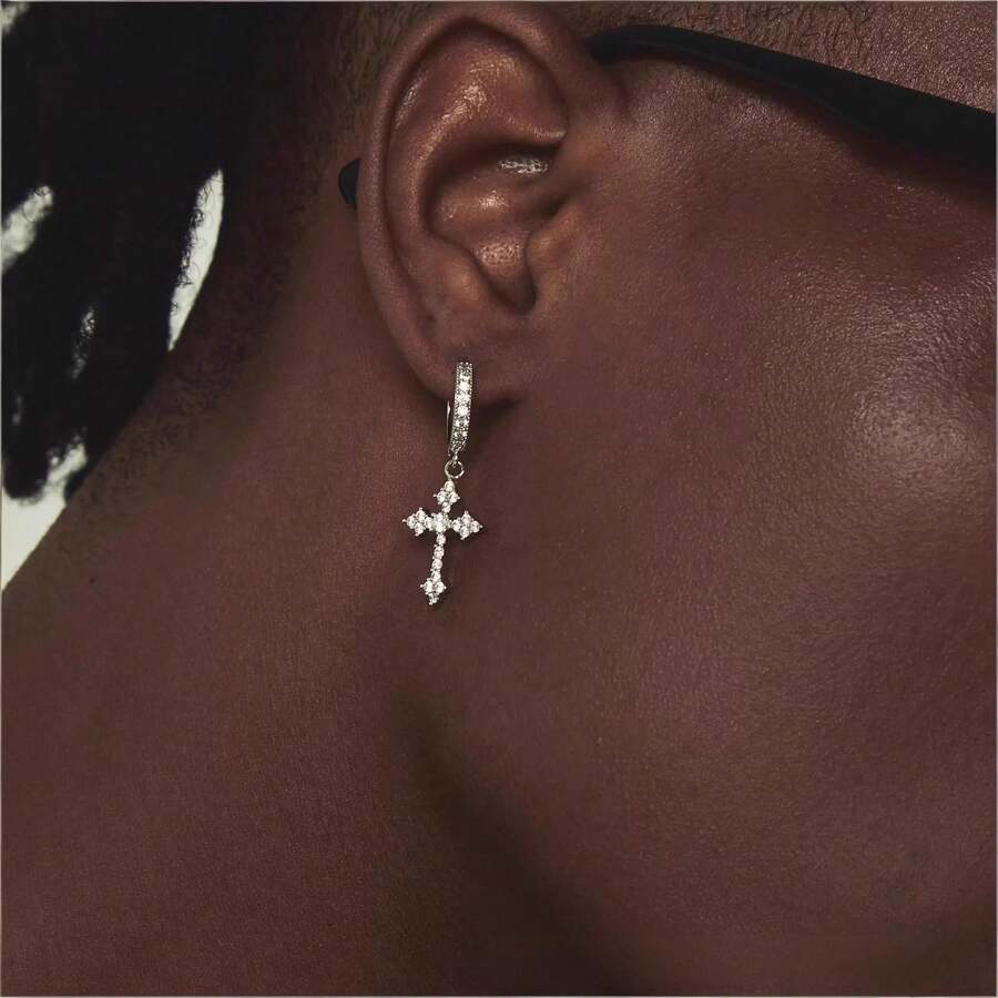1对酷炫十字锆石耳环 - 銀色 - 查看 1