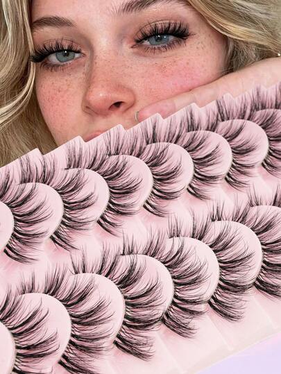 10片/盒，7-11毫米长假睫毛，3D蓬松仿貂毛透明加长睫毛条，适合小眼睛放大双眼