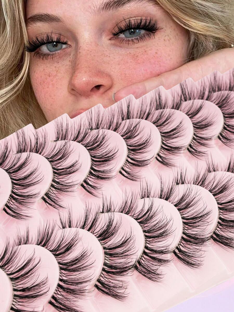 10片/盒，7-11毫米长假睫毛，3D蓬松仿貂毛透明加长睫毛条，适合小眼睛放大双眼 - 黑色 - 查看 1