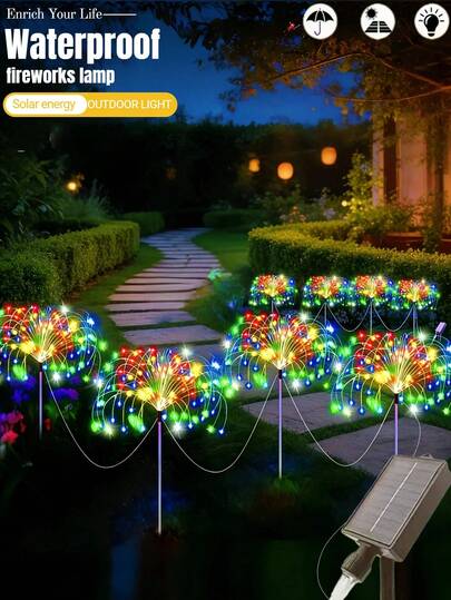 60/150/240/320/360 LED户外太阳能烟花花园灯，8种照明模式草坪灯，IP65防水装饰灯，DIY节日景观灯，适用于花园、庭院、小路、草坪、别墅、野餐、房车、游泳池、派对、婚礼、复活节、节日装饰，智能光感（白光/暖白光/多色）