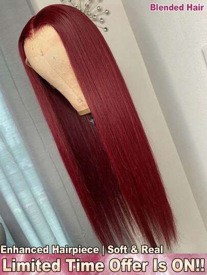 200% 密度 34 英寸直发高清蕾丝前假发，带婴儿发 - 即戴即用，无需熨烫、修剪或拉扯，高清透明蕾丝前假发，无需胶水 - 巴西原生发，无需胶水，无需技巧，预先拔毛、预先漂白，真人发蕾丝闭合假发，前额无胶 - #99J BUG 酒红色假发，自然发际线 - 真人发前额假发，无胶编织假发，适合女性日常佩戴，混合发