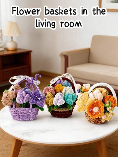 DIY手工花束工艺套装，手工编织篮，圣诞礼物送给朋友和姐妹，房间装饰，圣诞装饰，DIY插花套装包含花艺铁丝、园艺胶带、伸缩绳和丝带，DIY编织篮系列套装，包含紫色梦幻、甜美粉色簇拥、透明篮花簇、优雅紫色簇拥、彩色天鹅绒簇拥、暖黄色天鹅绒花