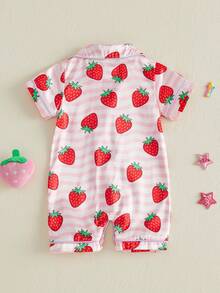 Satin Footless Pajamas Fashionable Strawberry Printed Short Sleeve Button Down Romper - 彩色 - 查看 7