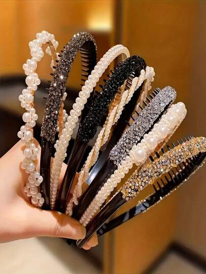 4条珍珠镶钻发箍，时尚设计，适合女性日常佩戴