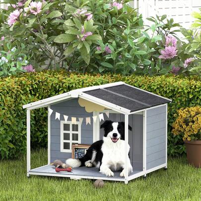  PawHut Hundehütte wetterfestes Hundehaus aus Holz 103 x 107 x 83,5 cm Erhöhte Hundehöhle mit aufklappbarem Asphaltdach, Terrasse, Fenster, Outdoor Hütte für mittelgroße Hunde bis 20 kg Grau