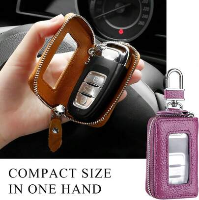 Smart Car Key Fob Case With Metal Hook & Transparent Window, Remote Key Fob Cover Holder, Keyring Zipper Bag, Visible Key Organizer (Purple)