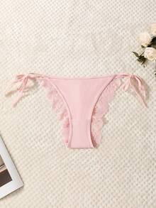 3 piezas Bragas de bikini con borde de encaje y lazo frontal de unicolor para mujer, tela suave y lisa, ropa interior sexy - Multicolor - Ver 6