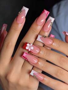 Bộ 24 miếng dán móng tay 3D họa tiết hoa, kèm 1 keo dán và 1 dũa móng, kiểu dáng vuông vức với hạt kim loại nhỏ, phù hợp với móng tay cỡ trung bình, dễ dán, thích hợp cho phụ nữ đi làm hàng ngày, dự tiệc và các dịp khác. - Nhiều màu - Xem 2