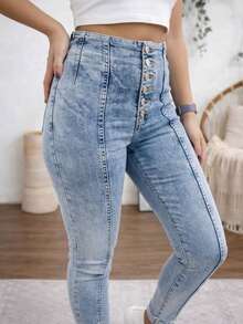 Woman High Waist Light Wash Skinny Jeans – Stretch Fit Butt-Lifting Button-Up Denim Pants - Blue - View 4
