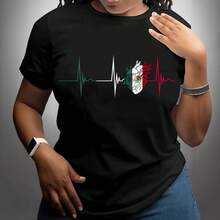 Camiseta de mujer de manga corta, cuello redondo y corte holgado, más vendida, con estampado de la bandera mexicana y diseño de latidos del corazón, nuevo estilo de verano europeo y americano. - Negro - Ver 2