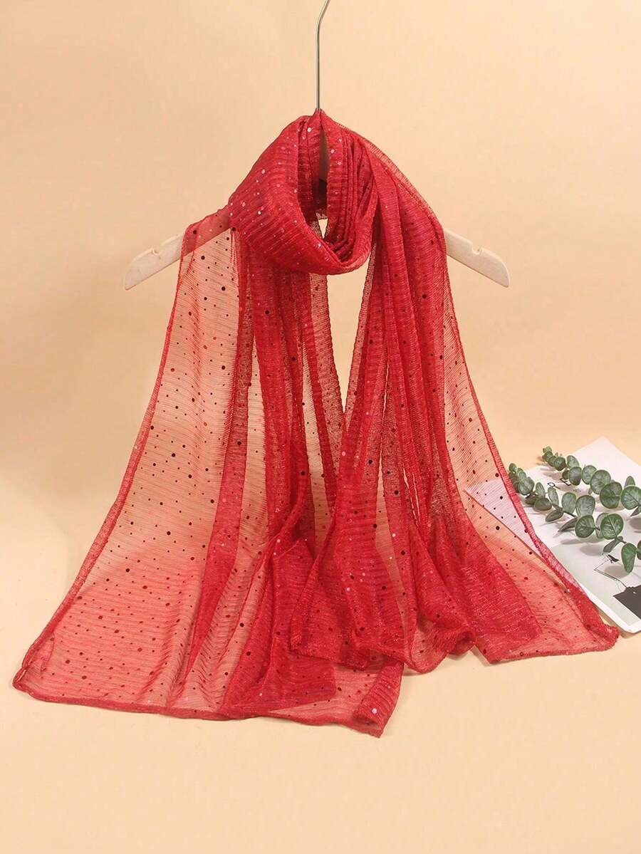 1pc Women's Lightweight Solid Color Sequin Bandana Scarf, Headscarf, Middle Eastern Hijab, Decorative Shawl, Sun Protection Beach Wrap, Suitable For Daily Use - Đỏ - Xem 1