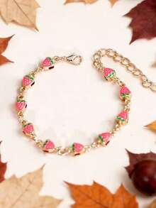 1pc Women's New Ins-Style Strawberry, Apple, Cherry Oil Drop Alloy Double-Layer Bracelet, Mixed Color Heart-Shaped Handmade Chain DIY Bracelet Jewelry - Strawberry - View 7