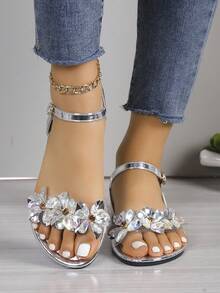 Plus Size Women's New Roman Sandals, Casual Korean Style Flat Outdoor Rhinestone Versatile Fashion Non-Slip Sandals Size 42 - Silver - View 5