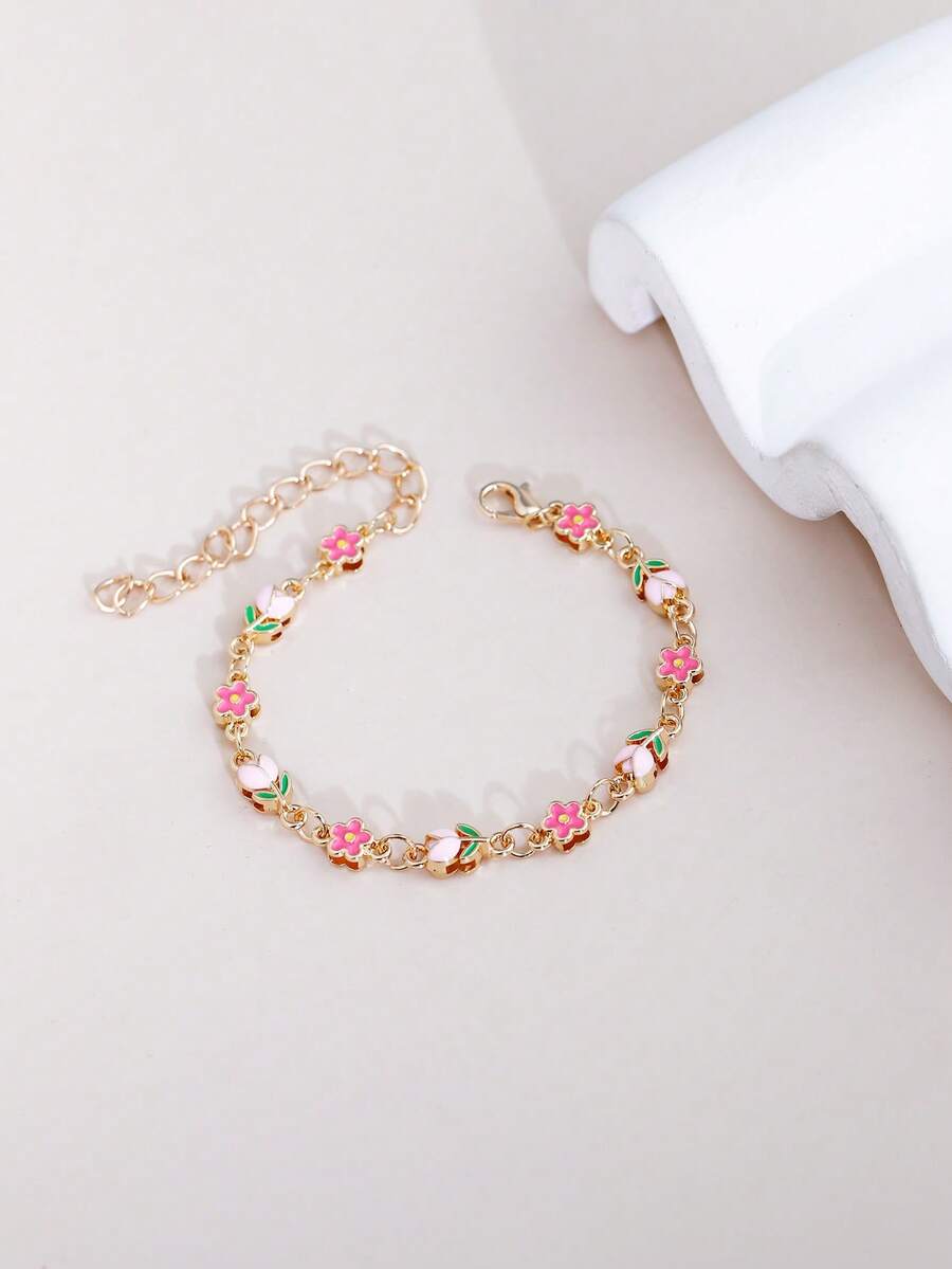 1 pièce Nouveau bracelet en alliage à double couche avec rose et tulipe en émail dans le style Ins pour femmes, bijou fait main avec chaîne en forme de cœur multicolore DIY - tulipe - View 1