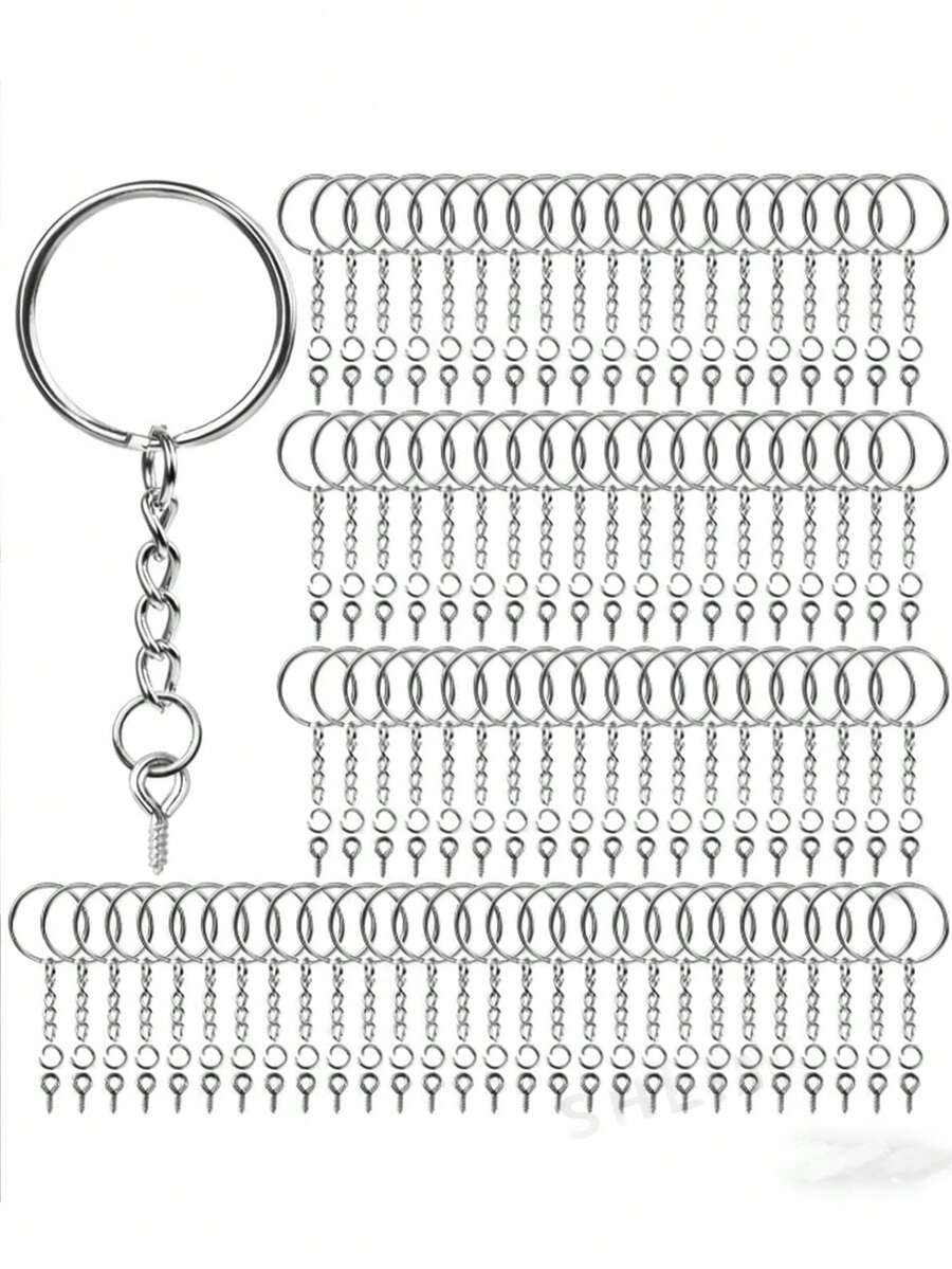 90pcs/Set Keychain Accessories, Suitable For Handmade, Resin Keychain, Including Keyring With Chain, Split Ring, Screw Eye Pins, For DIY Keychain Making - 20pcs Keyrings, 30pcs Jump Rings, 40pcs Screw Eye Pins - 90Pcs/Set - View 1