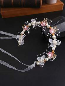 1PC Elegant Romantic Spring/Summer Floral Headband With Flower And Leaf Design Ribbon Hair Accessory, Wedding Bride Headpiece, Birthday Party Hair Accessory, Performance Hairband, Forest Style Hair Decoration - View 2