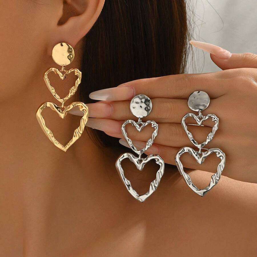 1 Đôi bông tai kim loại hình trái tim cách điệu, kiểu dáng nhăn nhúm, đa năng dành cho nữ. - Vàng - Xem 1