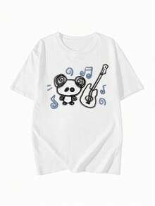 Áo thun tay ngắn cổ tròn in hình gấu trúc dễ thương, dáng rộng, phong cách sinh viên, sinh viên, hàng mới về mùa hè 2026, kiểu dáng ngọt ngào, nữ tính, dễ thương, họa tiết anime, 1 chiếc. - trắng - Xem 5