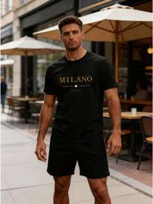 Conjunto masculino estilo italiano minimalista de dos piezas con estampado de letras MILANO en algodón ajuste holgado cuello redondo manga corta primavera verano uso casual set - Negro 2 - Ver 2