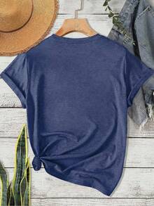 Camiseta de manga corta para mujer, estilo europeo y americano, éxito de  de primavera/verano, con estampado de conejo temático de Pascua, a la moda, versátil, casual, deportiva, de cuello redondo. YBUE - Azul marino - Ver 2