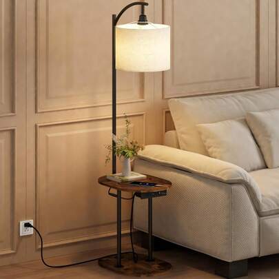 GILLAS Mesa Auxiliar con Lámpara de Pie, Mesa de Sofa Cama Forma de C, Mesa para Sala con Lámpara de Piso 3 Temperaturas de Color, Mesita de Noche con Estación de Carga, Mesa Lateral para Recamara