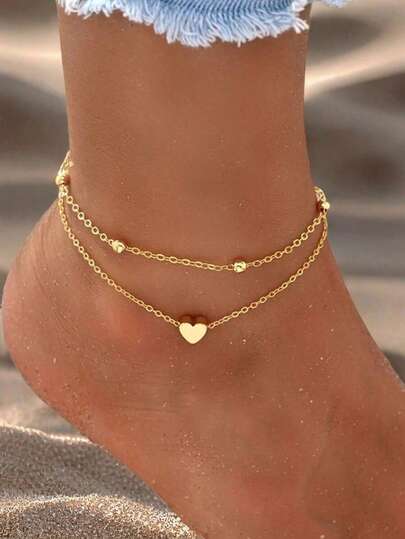 2pcs/Set Fashion Heart Beaded Double-Layer Anklet Set, Daily Accessory, Suitable For Women Beach Holiday Wear