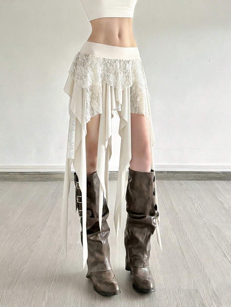 Top Dazzle Lace Patchwork Asymmetric Tassel Contrast Color Skirt - White - View 1