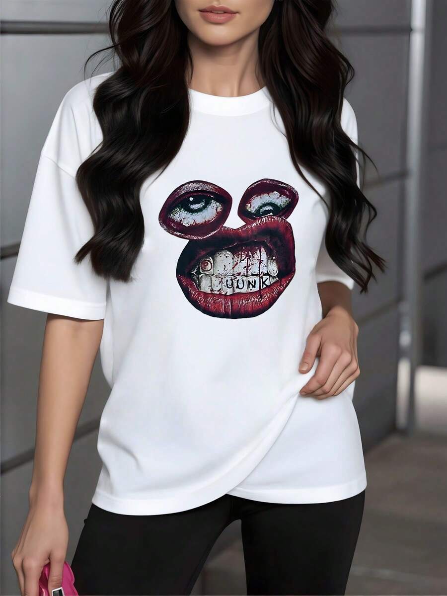 Boca surreal con ojos integrados que simboliza la fusión entre la palabra y la mirada revelando una expresión artística intensa y rebelde camiseta de mujer casual moderna 220g ajuste cómodo perfecta para uso diario - Blanco - Ver 1