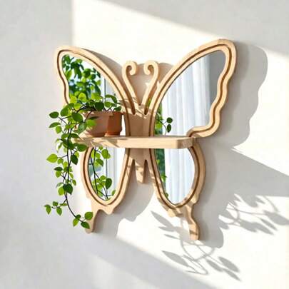 Bohemian Style Lotus Wall Shelf With Mirror - Natural Wooden Floating Rack, Suitable For Displaying Plants, Decorations, Entryway Or Bathroom - Minimalist Zen Home Decor