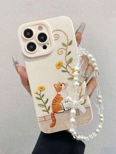 Custodia per telefono creativa e minimalista, resistente agli urti, compatibile con iPhone 17/17Pro/17ProMax/16/11/16Pro/16Plus/16ProMax/16E/15ProMax/13/14/12/XS/XR/7G/8P, Galaxy S26/S26Plus/S26 Ultra S25/S25Plus/S25 Ultra/A16/A36/A26/A56/A50/A12/A32/A52/A72/A51/A21S/A13/A14/S24/S24Plus/S24Ultra/S20/S23/S22/A53/S20FE/S21, con motivo floreale e gattino dipinto su sfondo beige traforato e cinturino