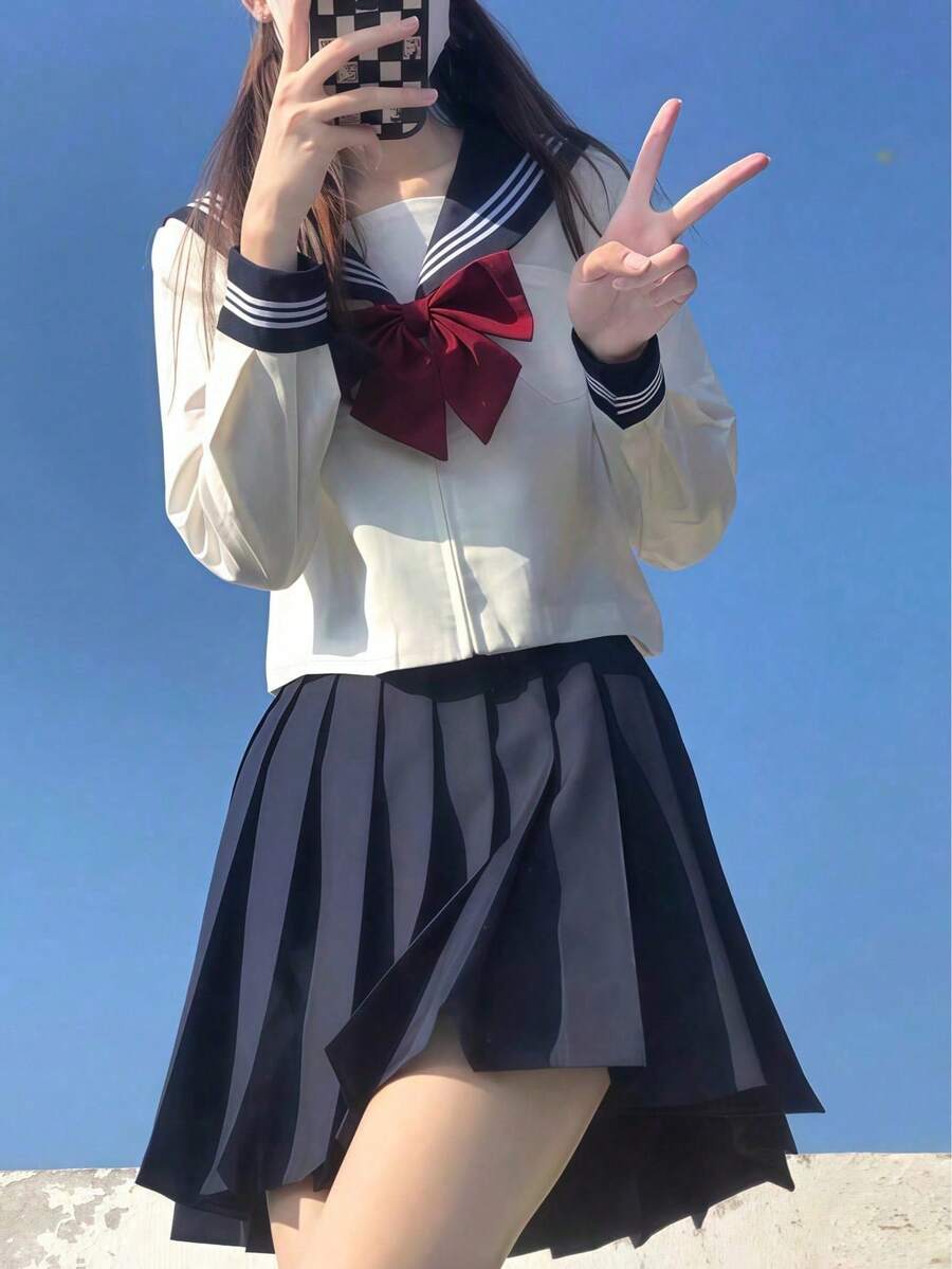 Bộ đồng phục học sinh mẫu giáo Kawaii gồm 1 món: váy xếp ly màu xanh navy, áo sơ mi dài tay màu trắng, cà vạt đỏ, thích hợp cho tiệc tùng, nhập vai, cosplay, câu lạc bộ, chụp ảnh tốt nghiệp, hẹn hò, ngày lễ tình nhân mùa xuân. - Nhiều màu - Xem 1