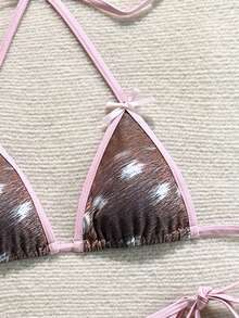 Conjunto de bikini sexy y dulce - Calzoncillos de cintura alta con estampado de ciervos + Cubierta rosa transparente con cordones | Diseño de contraste salvaje imprescindible para la playa y la fiesta de la piscina en verano - Multicolor - Ver 7